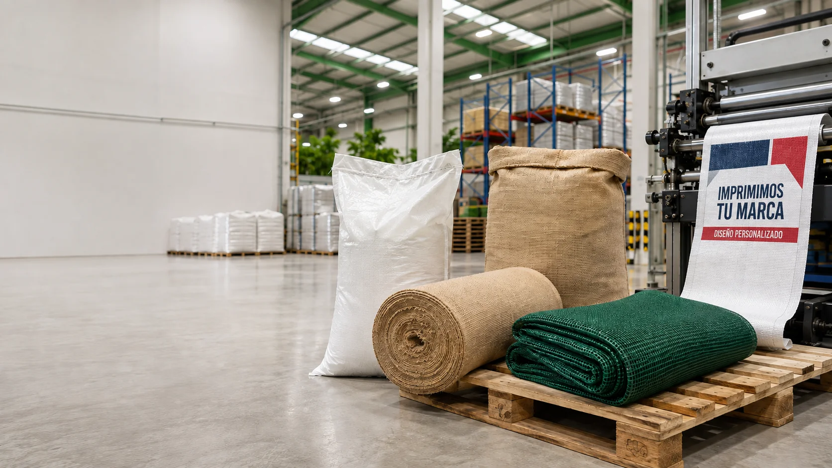 Sacos, yute, malla Raschel y saco impreso saliendo de producción en un almacén agroindustrial